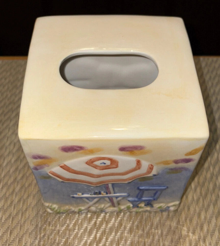Bacova Ceramic Tissue Box Cover Cube - Seaside Beach Umbrella Chair Table Theme | eBay