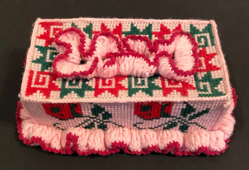 Vtg 70’s Knit FLORAL TISSUE BOX Cover 11x7x3.5” Granny Core O’KEEFE! Pink Red | eBay