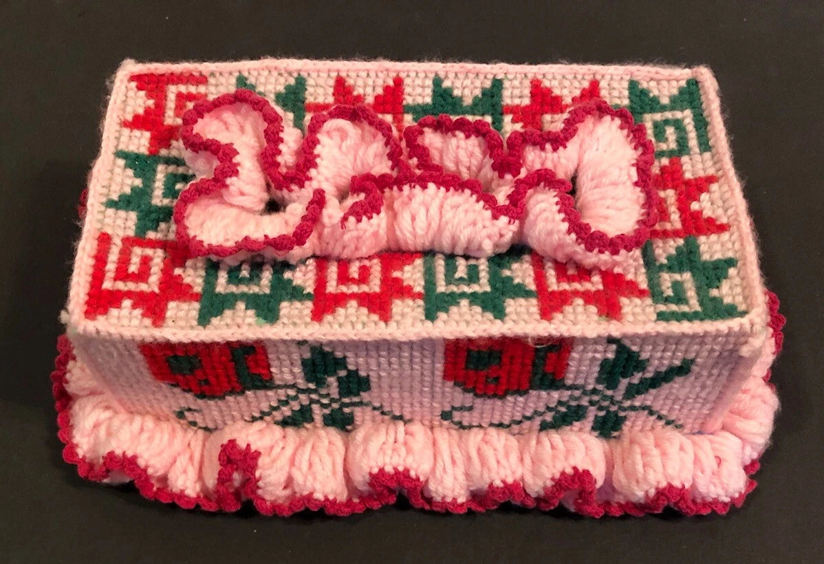 Vtg 70’s Knit FLORAL TISSUE BOX Cover 11x7x3.5” Granny Core O’KEEFE! Pink Red | eBay