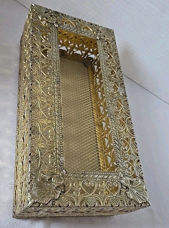 Vintage Hollywood Regency Brass Tissue Box Cover Ornate Filigree Mesh Lid Vanity | eBay