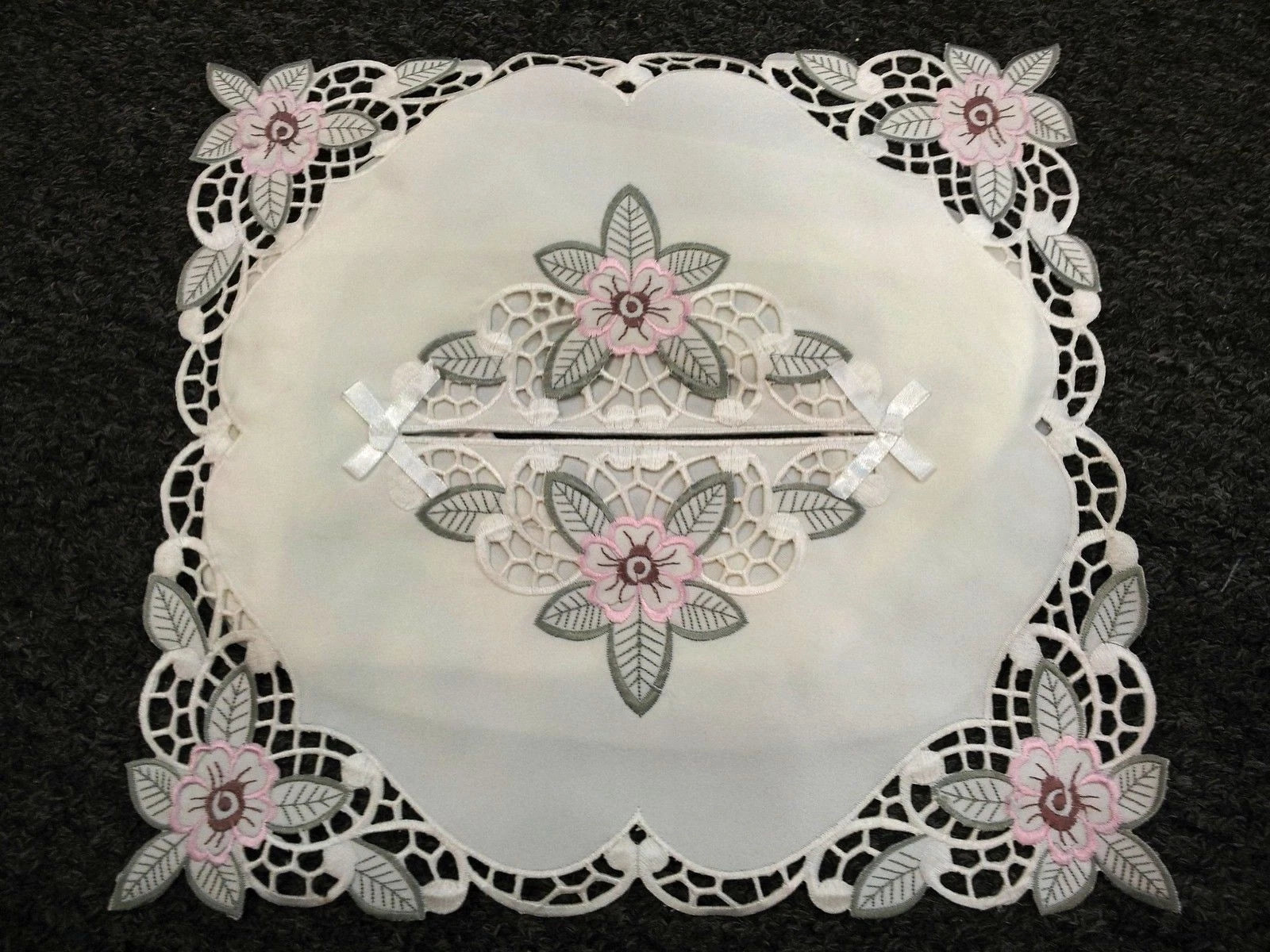 2 Pieces Embroidered Pink Flower Green Leaf Cutwork Fabric Tissue Box Cover | eBay