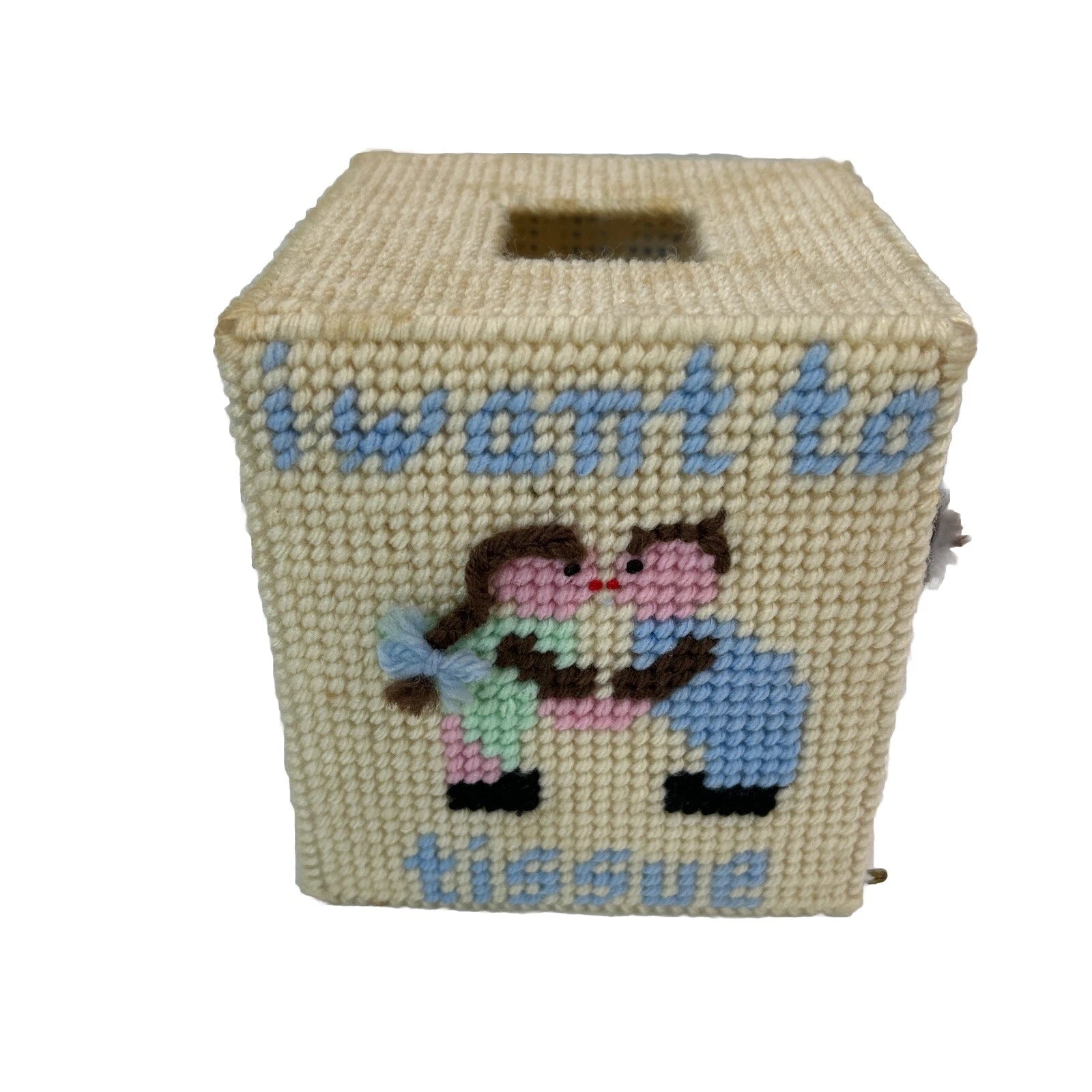 Vintage Needlepoint Tissue Box Cover “I Want To Tissue” Kissing Multicolor Cute! | eBay