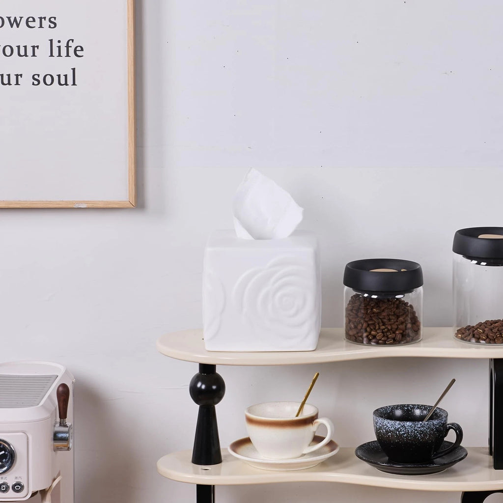 White Ceramic Rose Tissue Box Cover, Carved Flowers Large Square Tissue Box H... | eBay