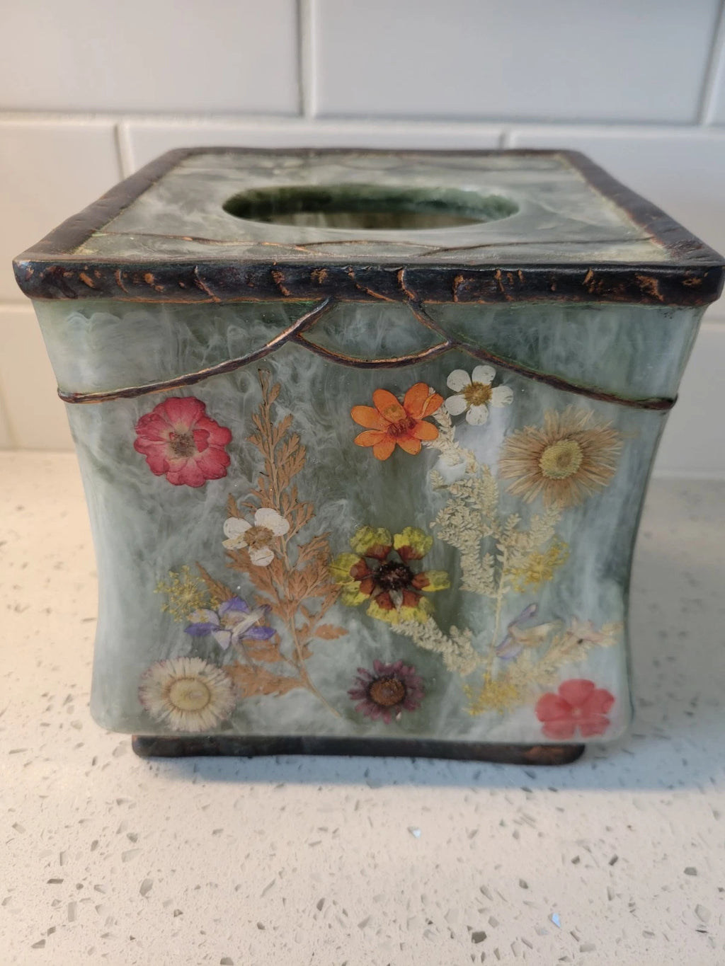 vintage " fresh fields" green marbled resin with pressed flowers tissue box... | eBay