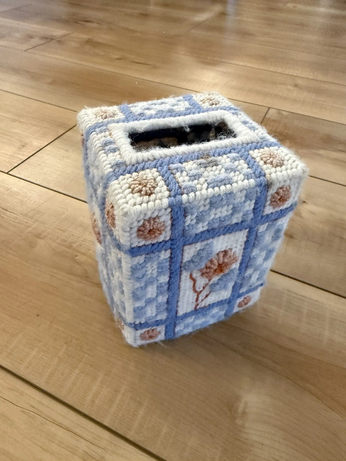 Vintage Handmade Needlepoint Pink Floral Tissue Box Cover Blue Peach Cottage | eBay