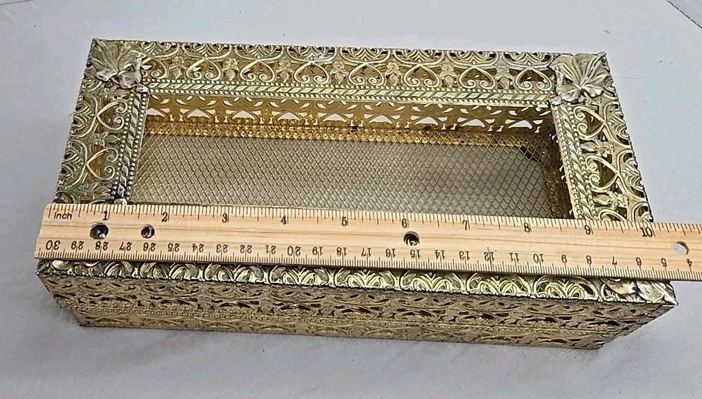Vintage Hollywood Regency Brass Tissue Box Cover Ornate Filigree Mesh Lid Vanity | eBay