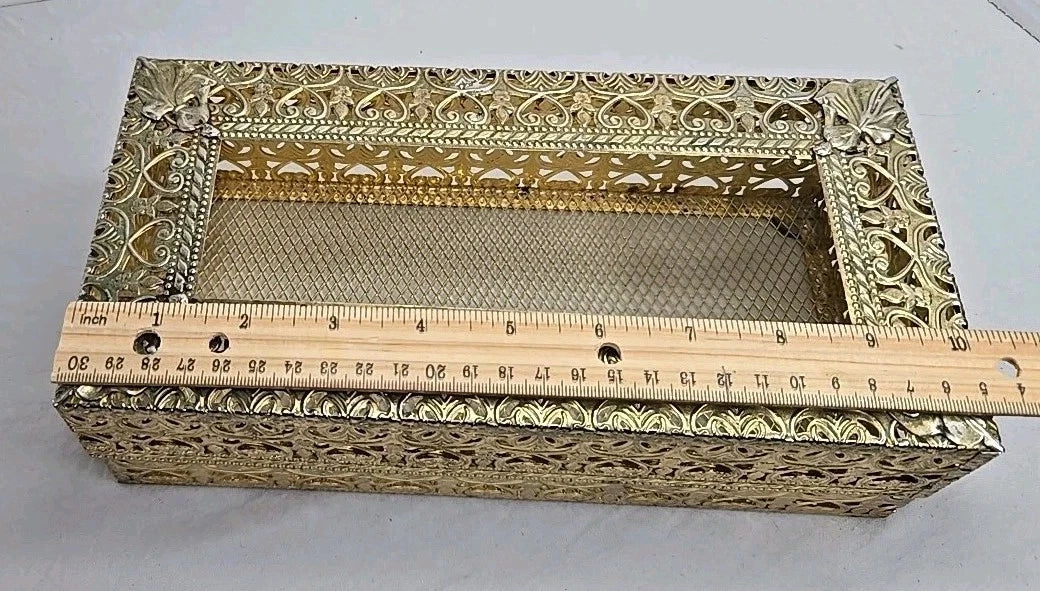 Vintage Hollywood Regency Brass Tissue Box Cover Ornate Filigree Mesh Lid Vanity | eBay