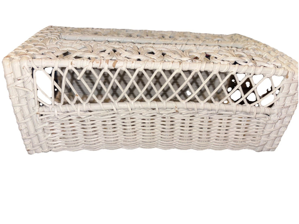 Vintage Woven Wicker Rattan Tissue Box Cover White Boho 10” | eBay