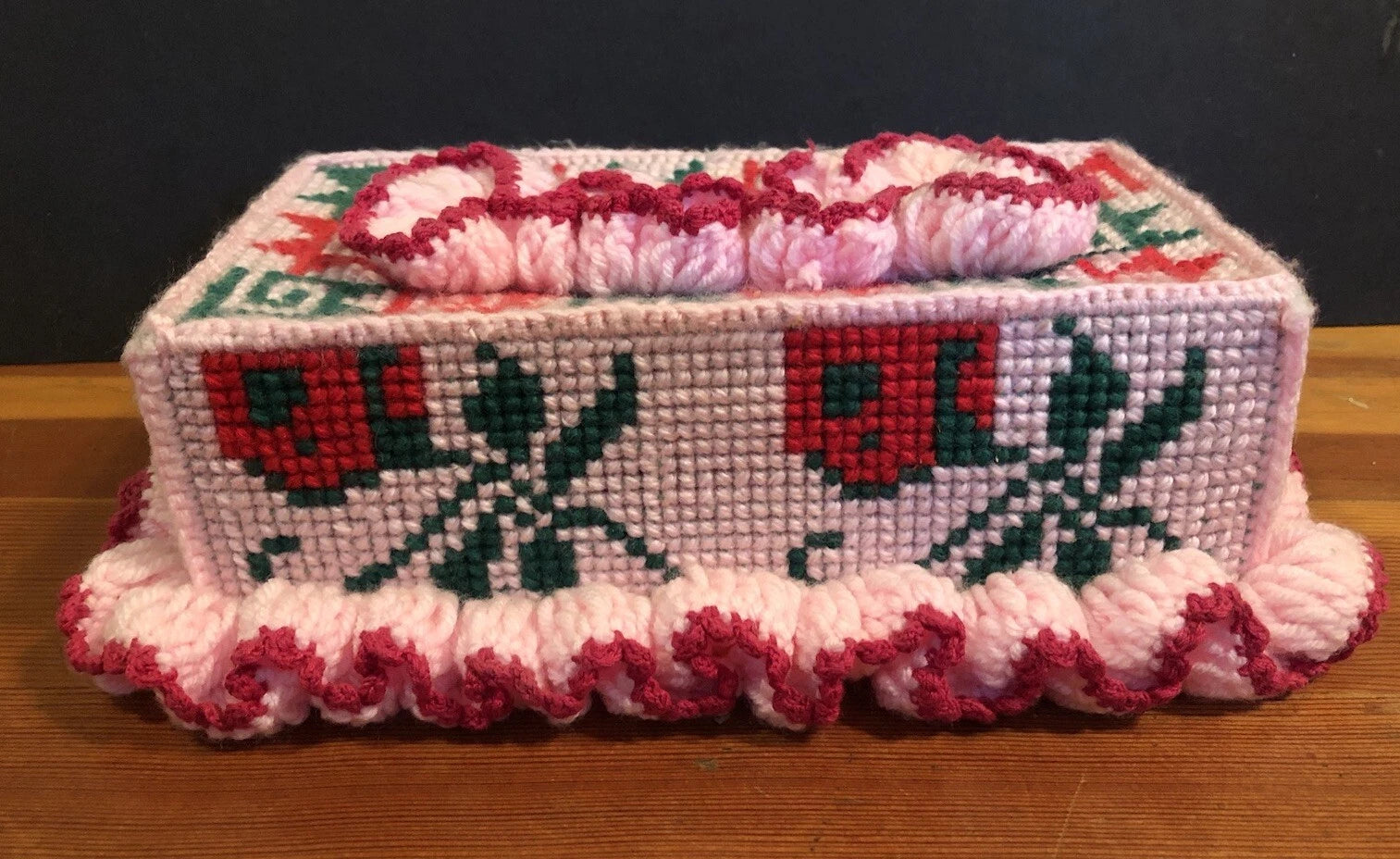 Vtg 70’s Knit FLORAL TISSUE BOX Cover 11x7x3.5” Granny Core O’KEEFE! Pink Red | eBay
