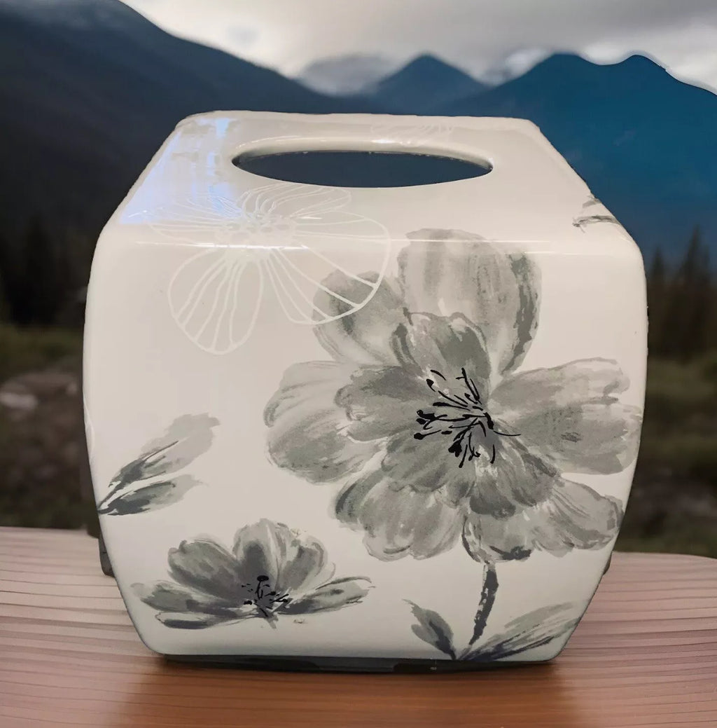 Opaline Ceramic White Gray Peonies Tissue Box Cover By Creative Bath 6” X 6” | eBay