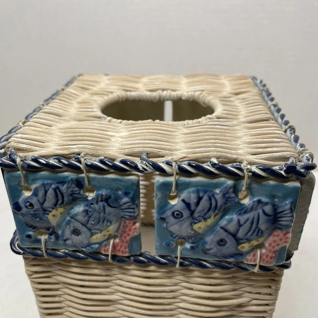 Vintage Ceramic Fish Tile Square Tissue Box Cover Woven Wicker Beach Sea Life | eBay