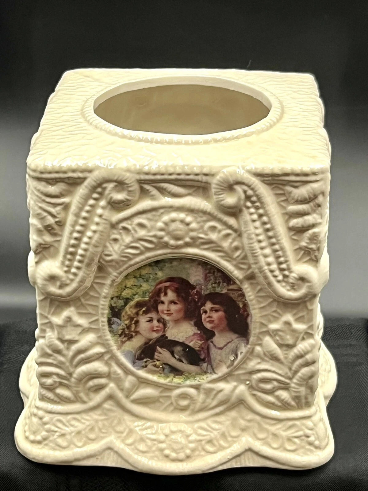 Vintage Ivory Ceramic Hand Painted Tissue Box Holder Victorian Ladies | eBay