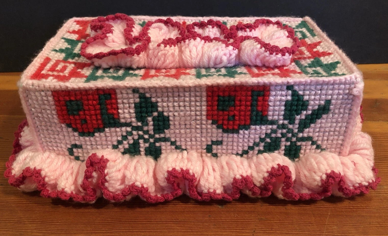 Vtg 70’s Knit FLORAL TISSUE BOX Cover 11x7x3.5” Granny Core O’KEEFE! Pink Red | eBay