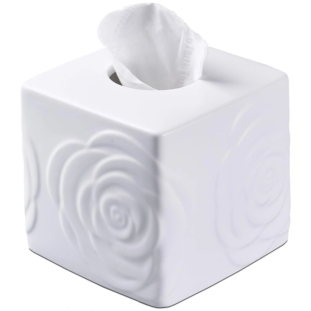 White Ceramic Rose Tissue Box Cover, Carved Flowers Large Square Tissue Box H... | eBay