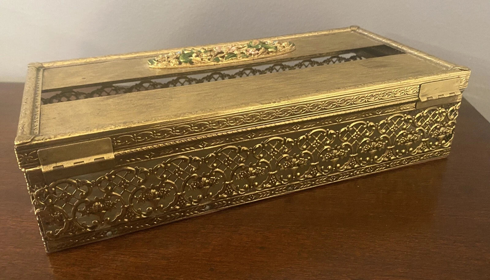 Vintage Gold Metal Hinged Tissue Box Filigree Flowers | eBay
