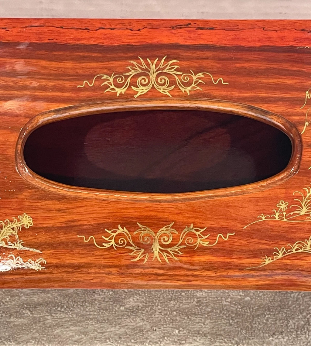 VINTAGE ASIAN WOODEN HAND CARVED TISSUE BOX COVER W/ INLAY DESIGN & SLIDING TRAY | eBay