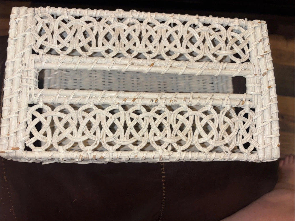 Vintage Woven Wicker Rattan Tissue Box Cover White Boho 10” | eBay