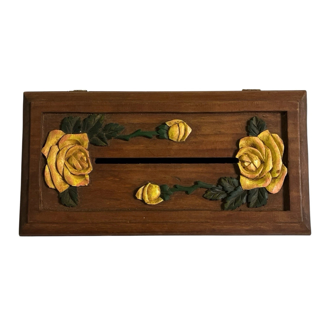 Vintage Hand Carved Wooden Tissue Box Holder Box Yellow Floral Boho Hippie | eBay