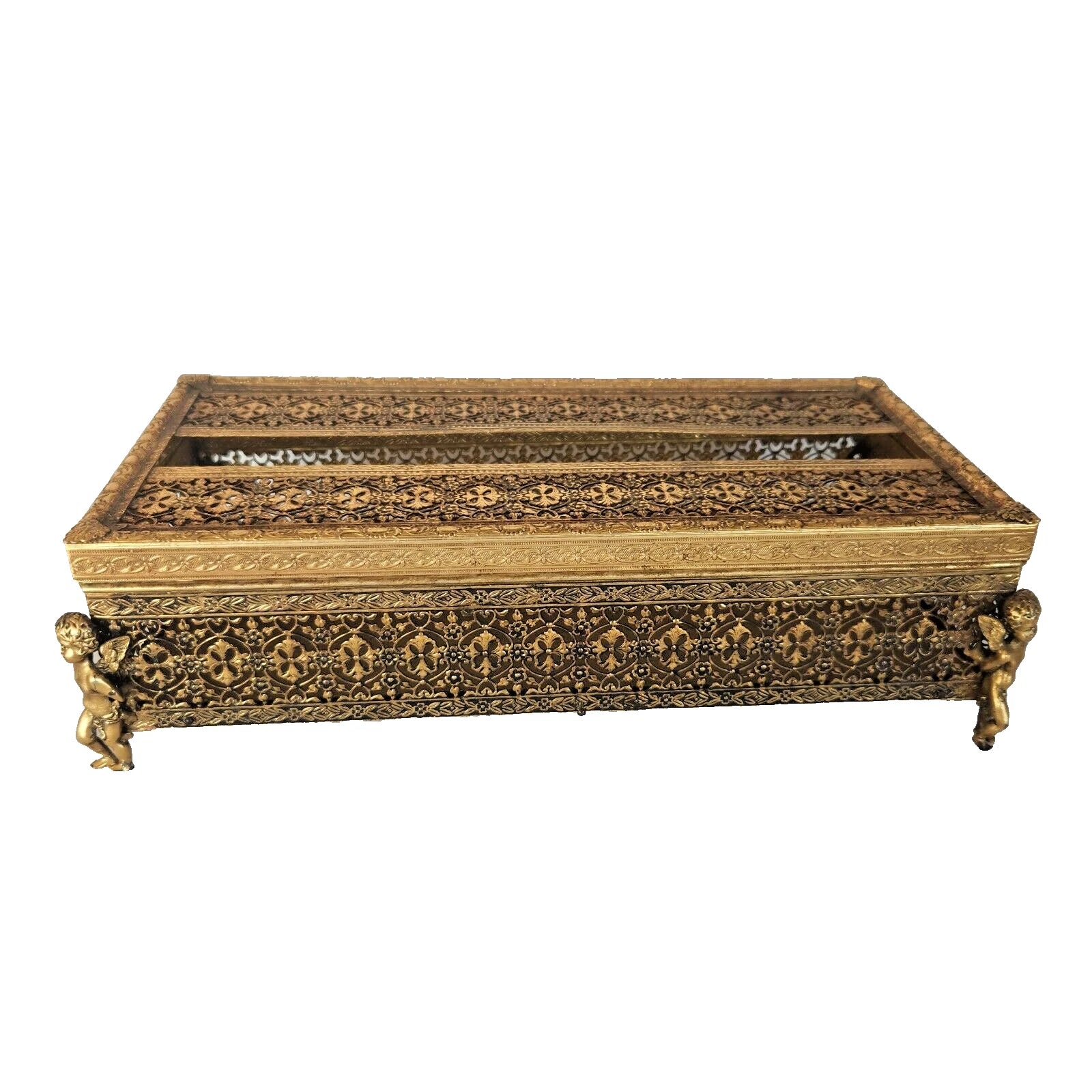 1940's Hollywood Regency Tissue Box Holder Cherub Feet Brass Filigree Gold Tone | eBay