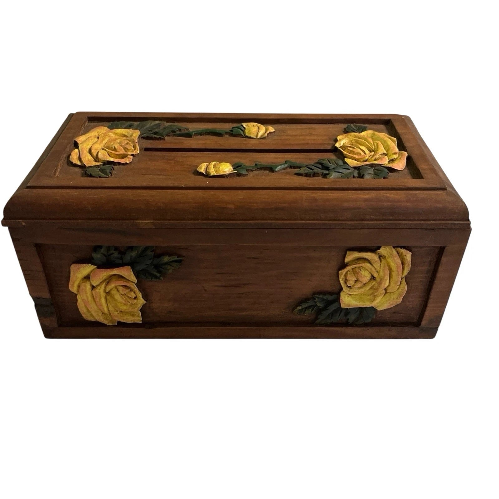 Vintage Hand Carved Wooden Tissue Box Holder Box Yellow Floral Boho Hippie | eBay