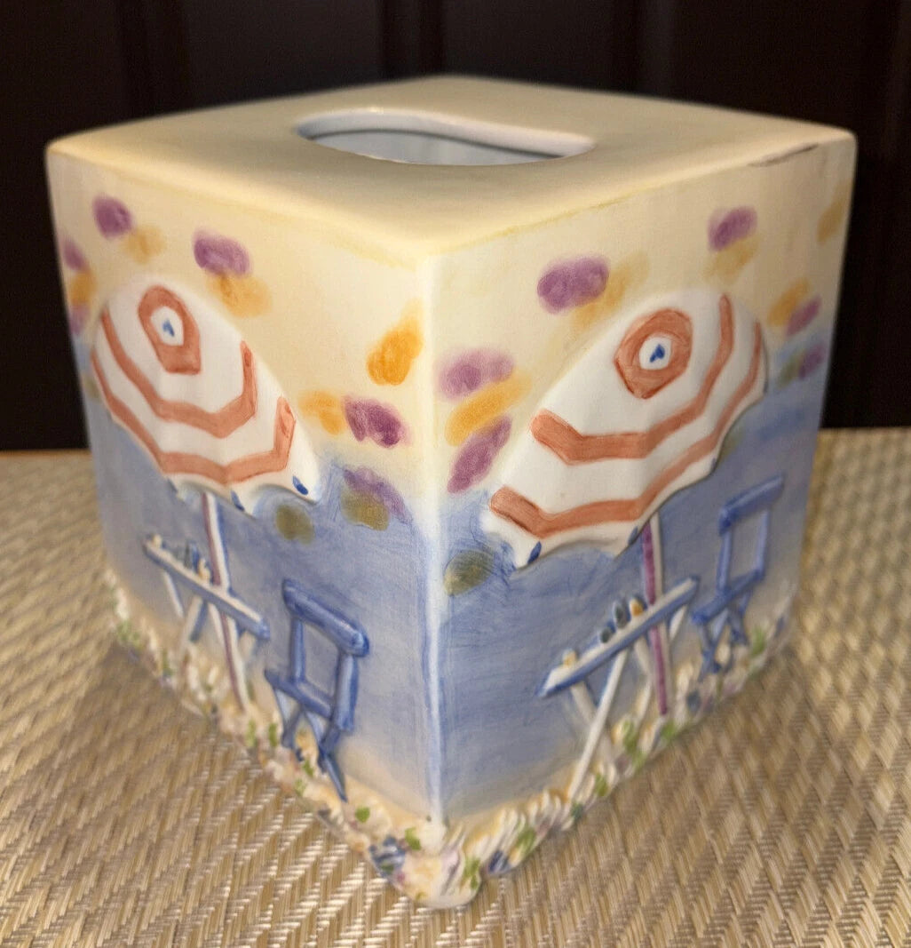 Bacova Ceramic Tissue Box Cover Cube - Seaside Beach Umbrella Chair Table Theme | eBay