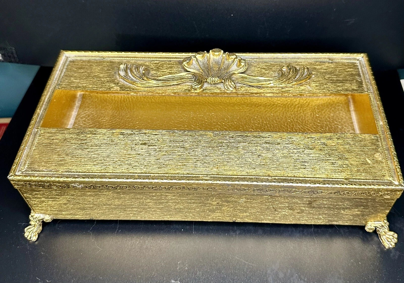 Vintage Vanity Tissue Box Holder Shell Ornate Hollywood Regency Gold Footed | eBay