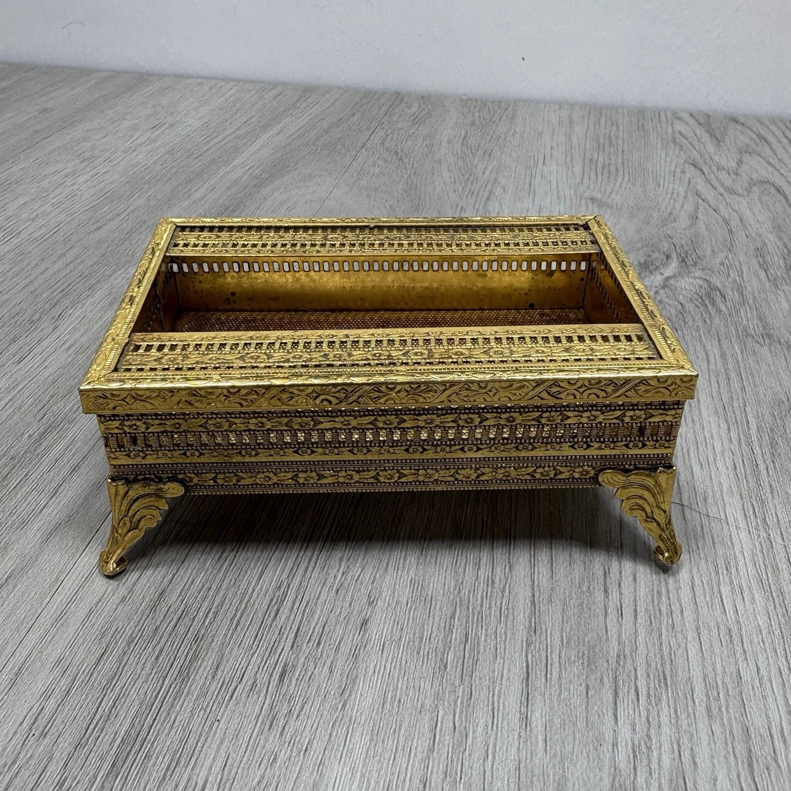VTG Gold Ornate Tissue Box TRAVEL SIZE MINI Footed Hollywood Regency Countertop | eBay