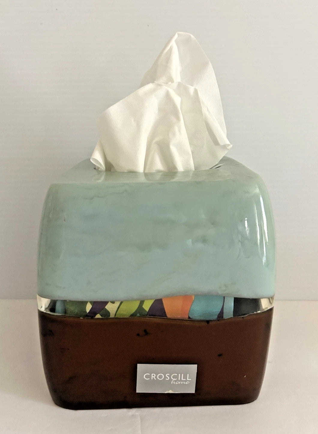 Croscill Tissue Box Cover Teal Blue Brown SEE-THRU MIDDLE Price Tag $46. UNIQUE | eBay