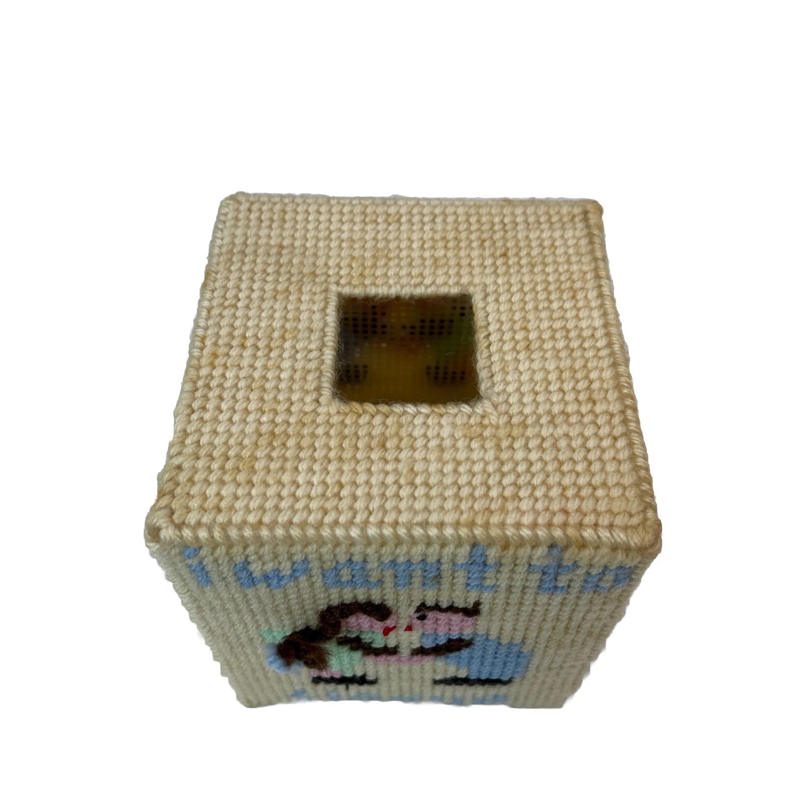 Vintage Needlepoint Tissue Box Cover “I Want To Tissue” Kissing Multicolor Cute! | eBay
