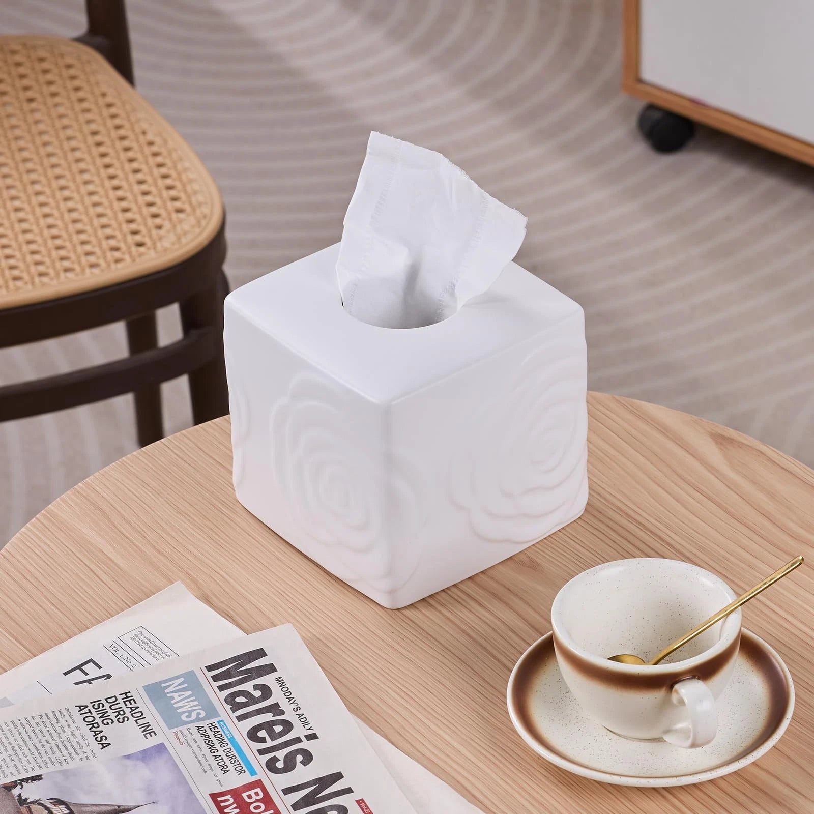 White Ceramic Rose Tissue Box Cover, Carved Flowers Large Square Tissue Box H... | eBay
