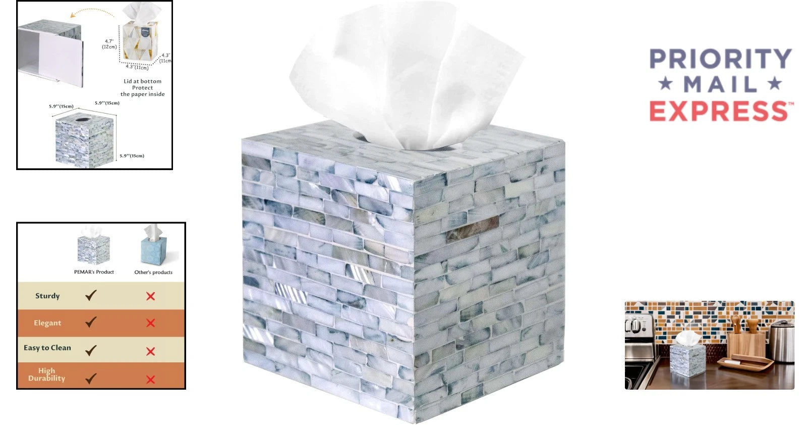 5.9” Handcrafted Blue Mother of Pearl Tissue Box Cover - Vintage Farmhouse Decor | eBay