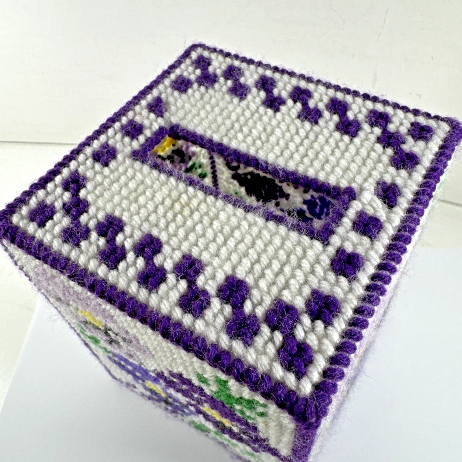 Vtg ESTATE Handmade Needlepoint Pansy's Floral Tissue Box Cover NICE! | eBay
