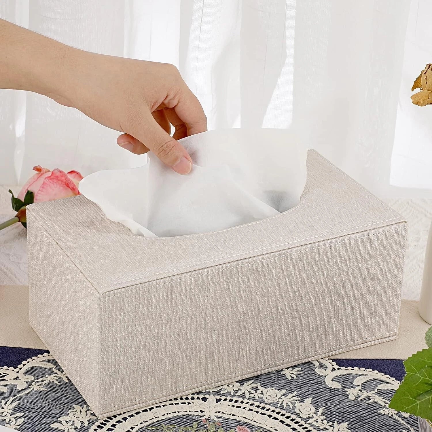 Beige Rectangle Linen Tissue Box Cover with Magnetic Bottom for Home or Office | eBay