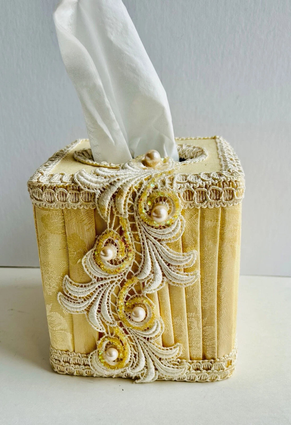 Elegant Square Tissue Box Holder Cream Yellow Fabric & Faux Pearls & Lace | eBay