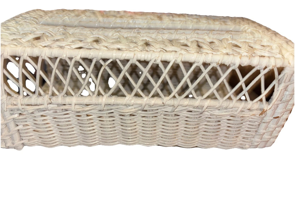 Vintage Woven Wicker Rattan Tissue Box Cover White Boho 10” | eBay