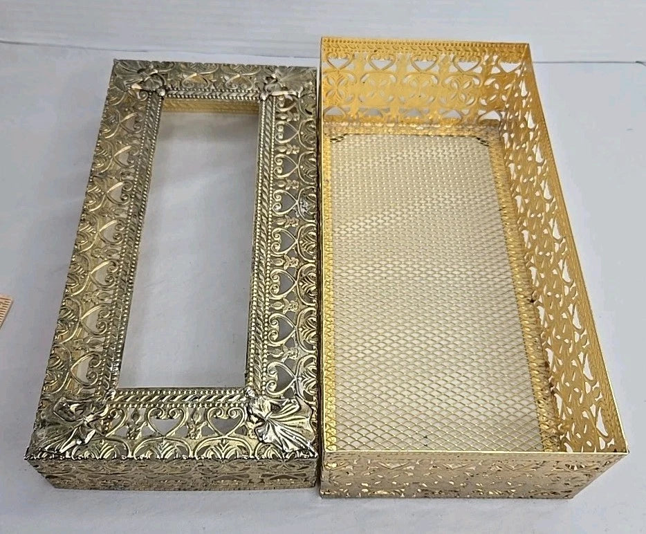 Vintage Hollywood Regency Brass Tissue Box Cover Ornate Filigree Mesh Lid Vanity | eBay