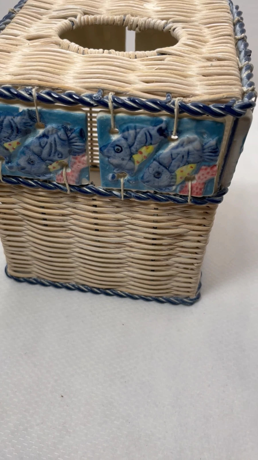 Vintage Ceramic Fish Tile Square Tissue Box Cover Woven Wicker Beach Sea Life | eBay
