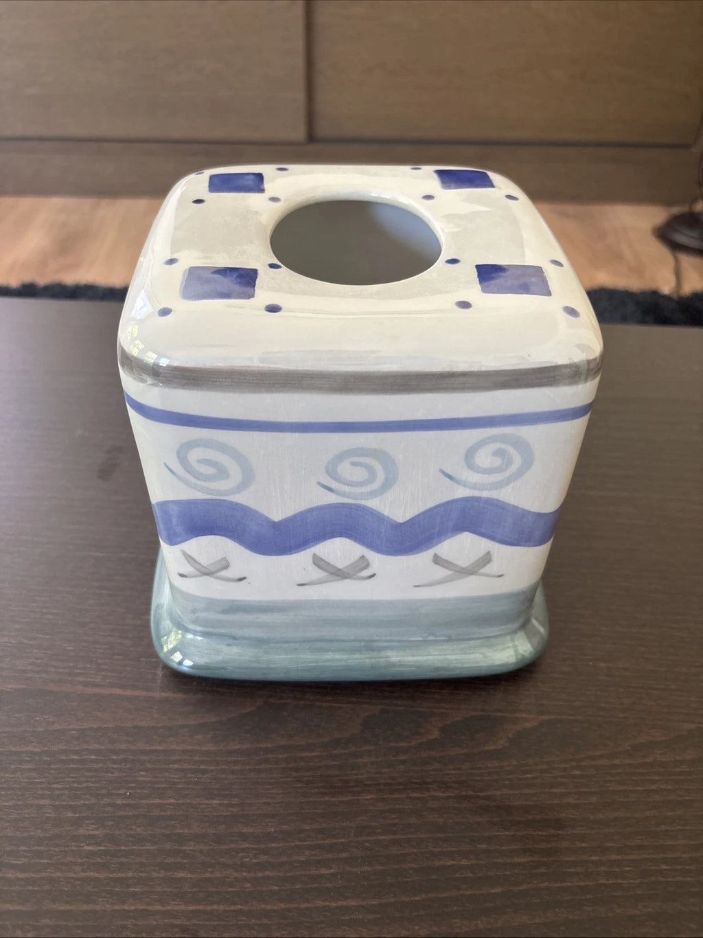 Hand-Painted Ceramic Tissue Box Cover – Blue & White Geometric Swirl Design | eBay