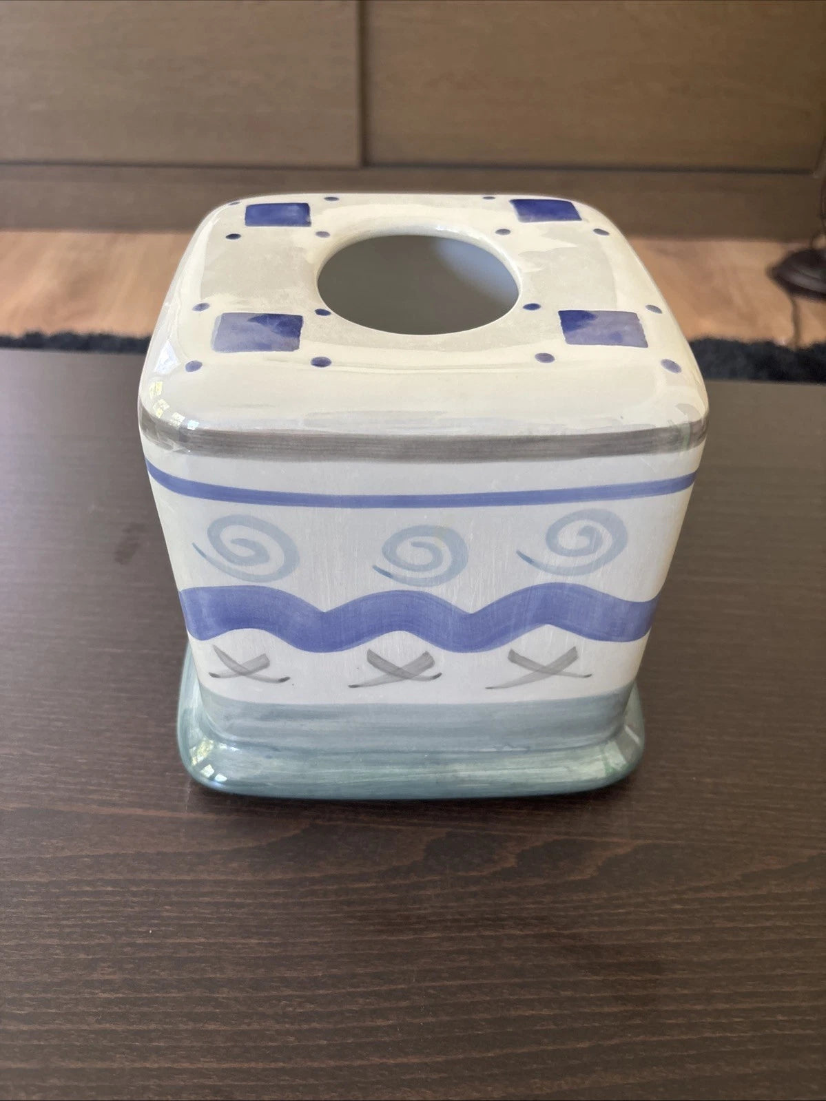 Hand-Painted Ceramic Tissue Box Cover – Blue & White Geometric Swirl Design | eBay