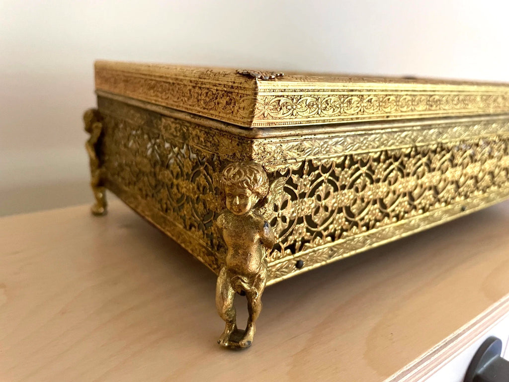 Vintage Gilt Filigree Metal Tissue Box Winged Cherub Feet Mid Century Modern | eBay