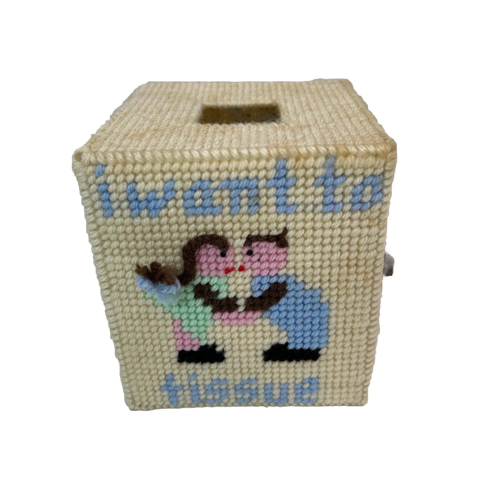 Vintage Needlepoint Tissue Box Cover “I Want To Tissue” Kissing Multicolor Cute! | eBay
