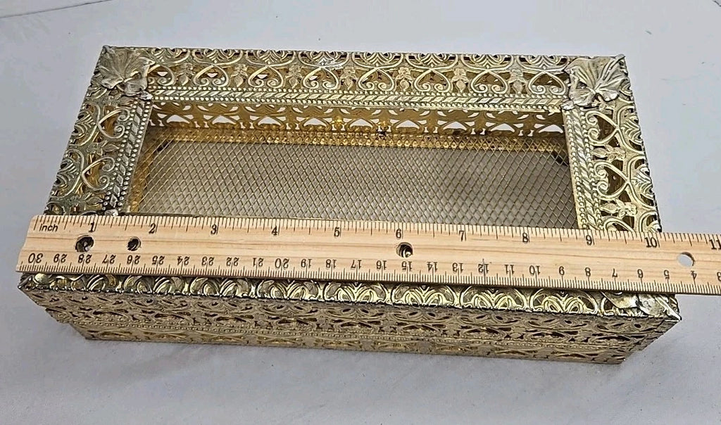 Vintage Hollywood Regency Brass Tissue Box Cover Ornate Filigree Mesh Lid Vanity | eBay