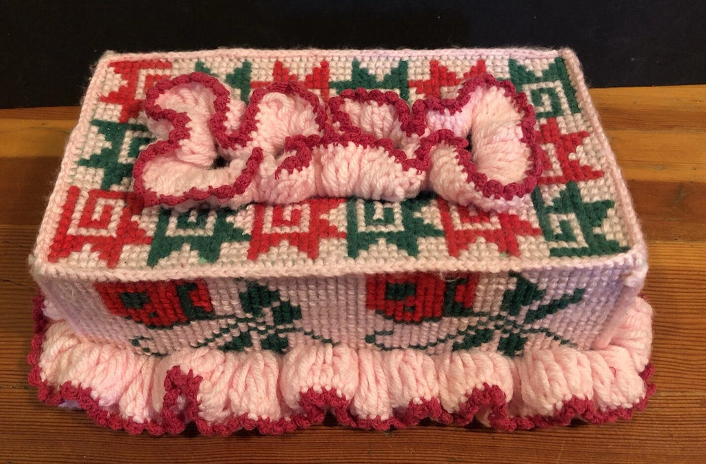 Vtg 70’s Knit FLORAL TISSUE BOX Cover 11x7x3.5” Granny Core O’KEEFE! Pink Red | eBay