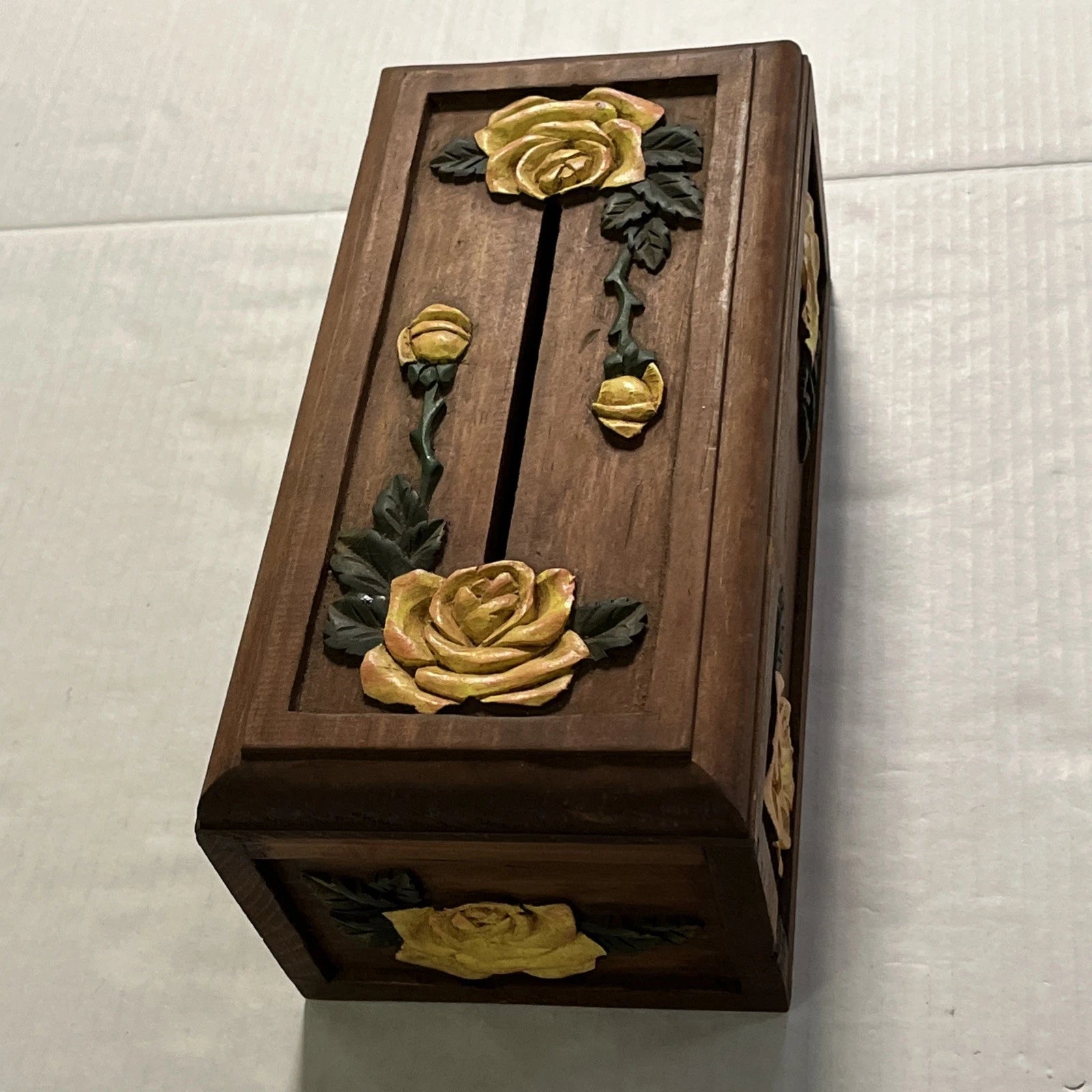 Vintage Hand Carved Wooden Tissue Box Holder Box Yellow Floral Boho Hippie | eBay
