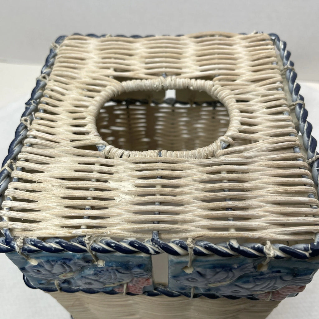 Vintage Ceramic Fish Tile Square Tissue Box Cover Woven Wicker Beach Sea Life | eBay