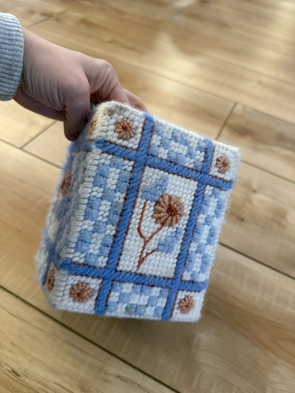 Vintage Handmade Needlepoint Pink Floral Tissue Box Cover Blue Peach Cottage | eBay