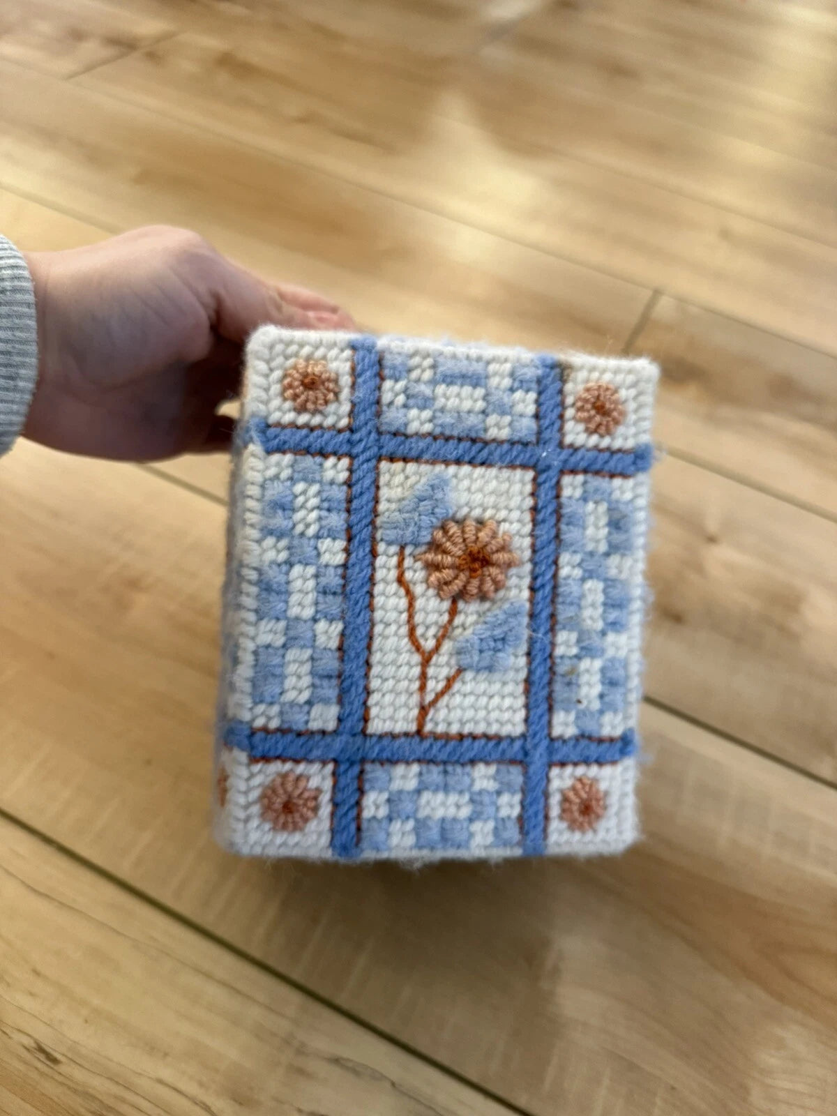 Vintage Handmade Needlepoint Pink Floral Tissue Box Cover Blue Peach Cottage | eBay