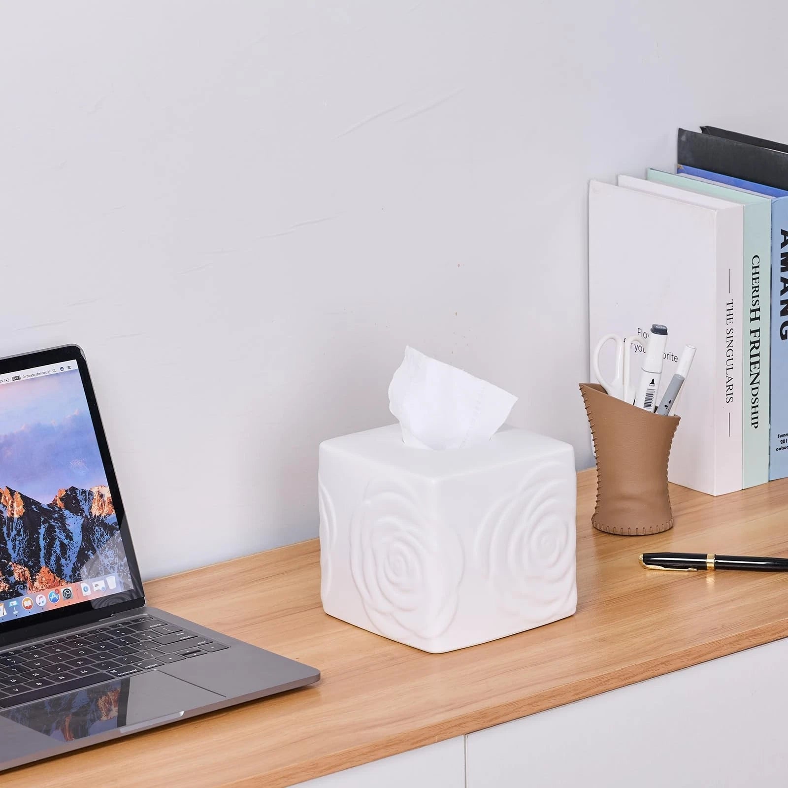White Ceramic Rose Tissue Box Cover, Carved Flowers Large Square Tissue Box H... | eBay
