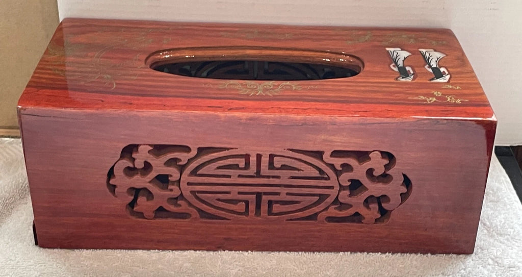 VINTAGE ASIAN WOODEN HAND CARVED TISSUE BOX COVER W/ INLAY DESIGN & SLIDING TRAY | eBay