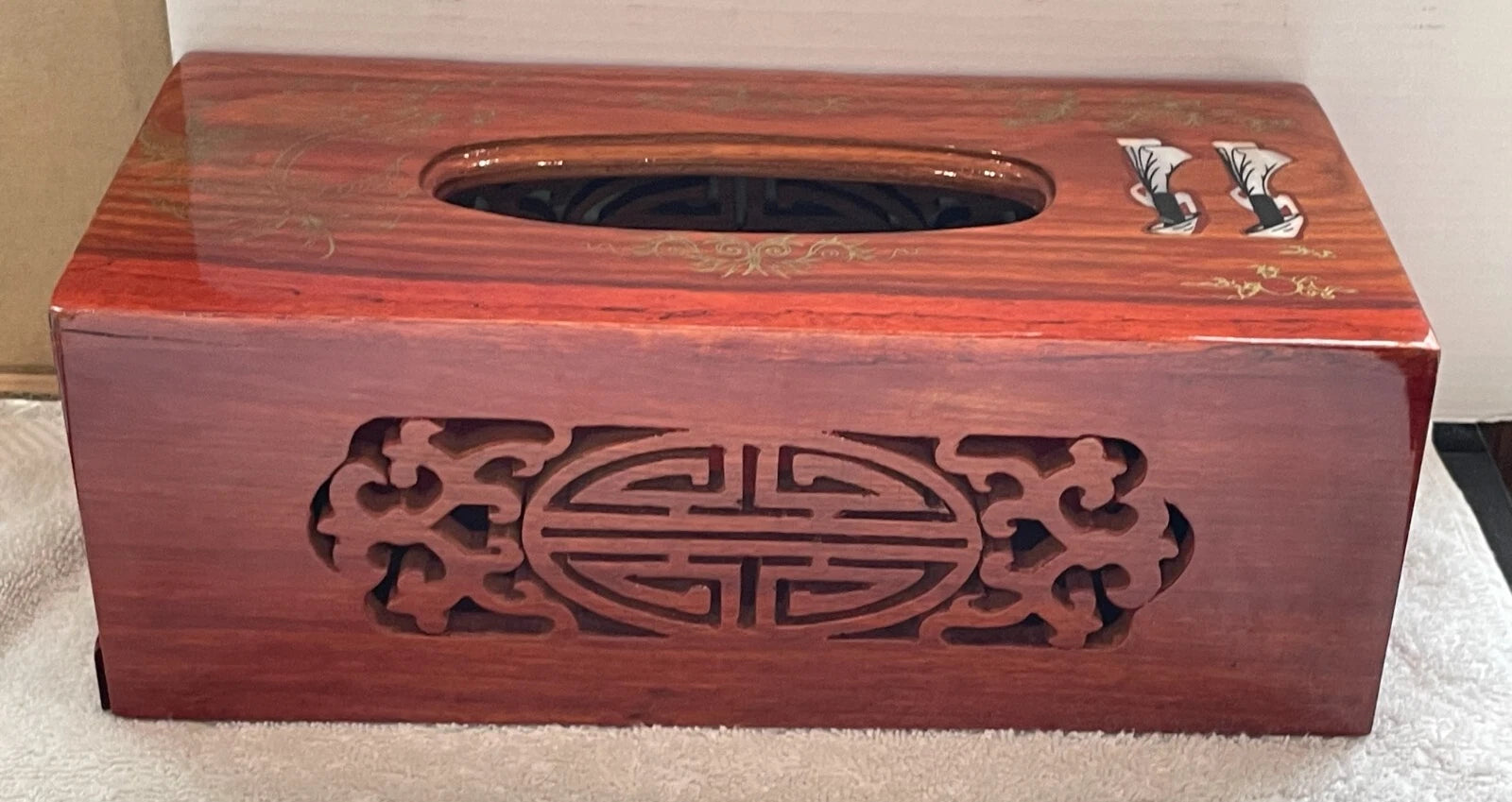 VINTAGE ASIAN WOODEN HAND CARVED TISSUE BOX COVER W/ INLAY DESIGN & SLIDING TRAY | eBay